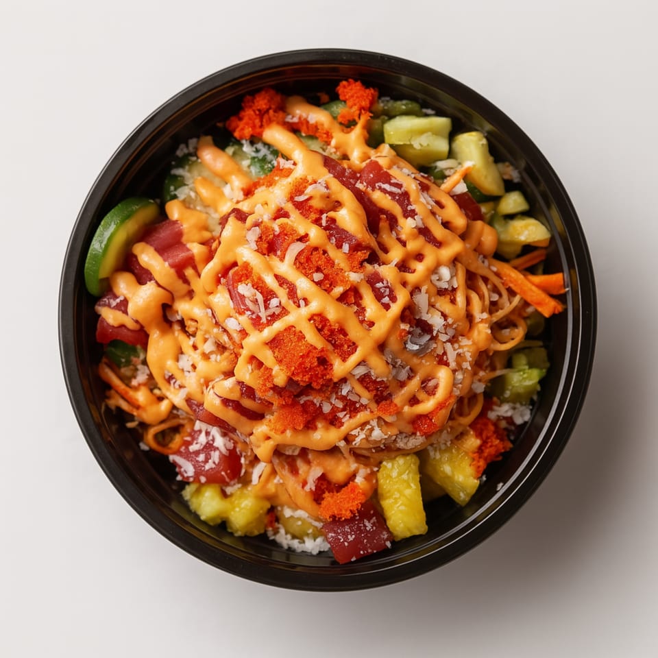 Poke bowl with tuna, pineapple, cucumber, and orange sauce, topped with red roe and coconut flakes.