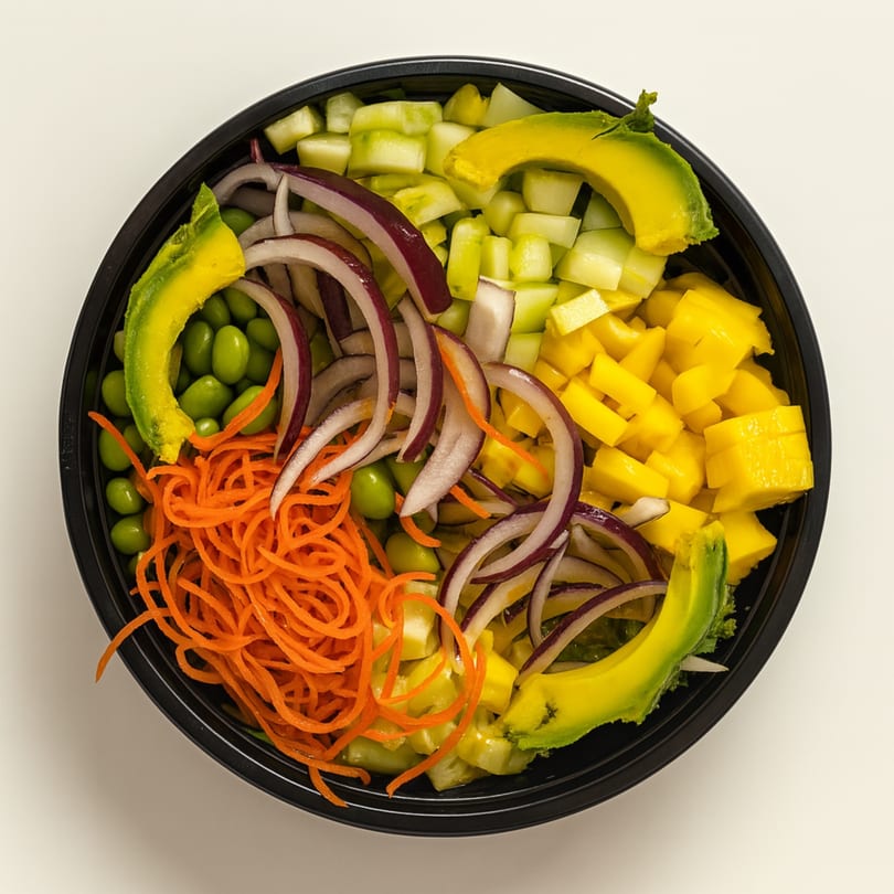 Overhead view of a Poke & Bubbles poke bowl with avocado, mango, cucumber, edamame, red onion, and carrots.