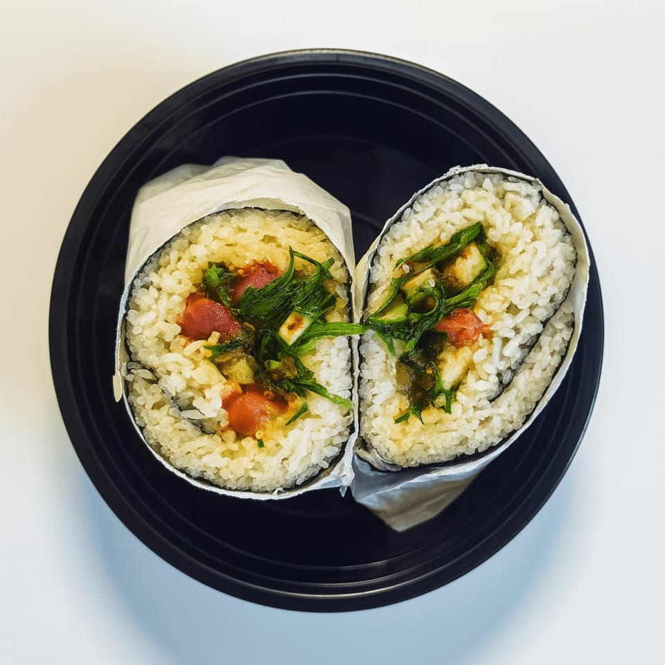 Two halves of a poke burrito, filled with rice, tuna, and greens, in a black bowl.