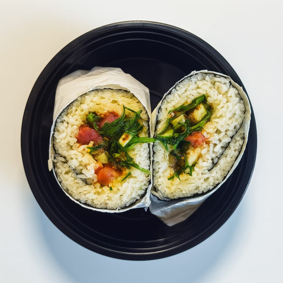 Two halves of a Poke & Bubbles poke burrito with tuna, rice, and greens in a black bowl.