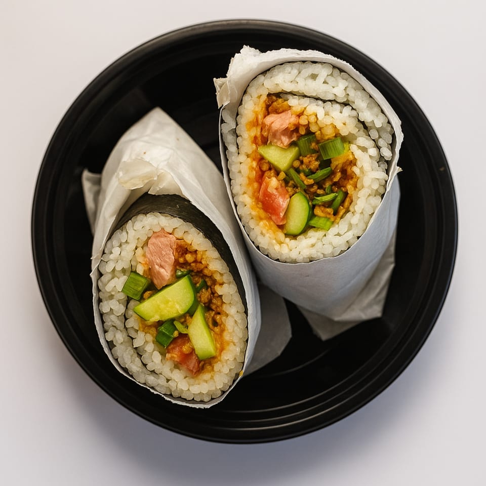 Two large poke burritos, wrapped in white paper, filled with rice, fish, and vegetables in a black bowl.