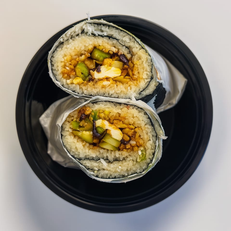 Two halves of a Poke & Bubbles poke burrito, filled with rice, chicken, and vegetables.